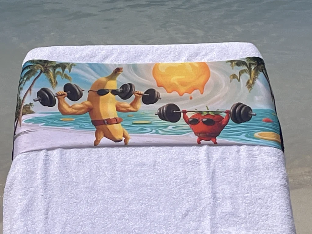 Weightlifting character tcboo sun lounger towel band securing a beach towel