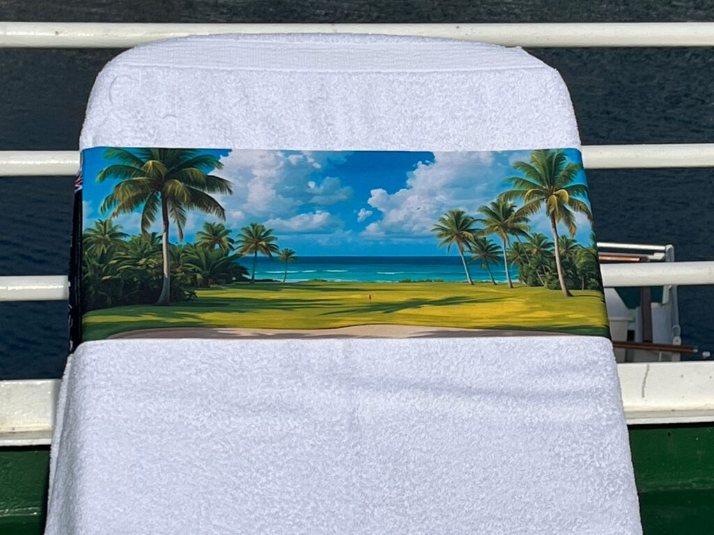 Golfing in Paradise design on a reusable tcboo sun lounger band