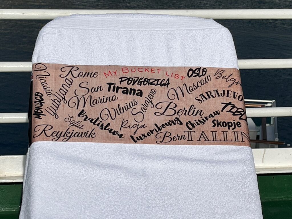Bucket List European Capitals design on a reusable tcboo sun lounger band