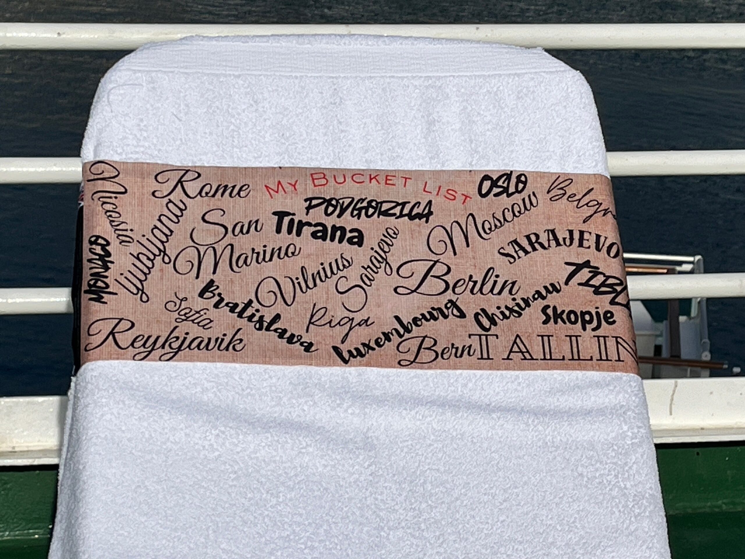Bucket List European Capitals design on a reusable tcboo sun lounger band