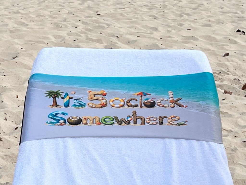 It’s 5 O’clock Somewhere Seashells design on a reusable tcboo sun lounger band