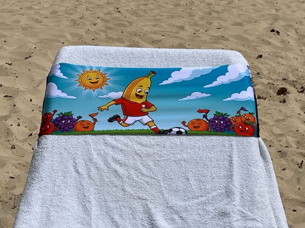 Fruity Football design on a reusable tcboo sun lounger band