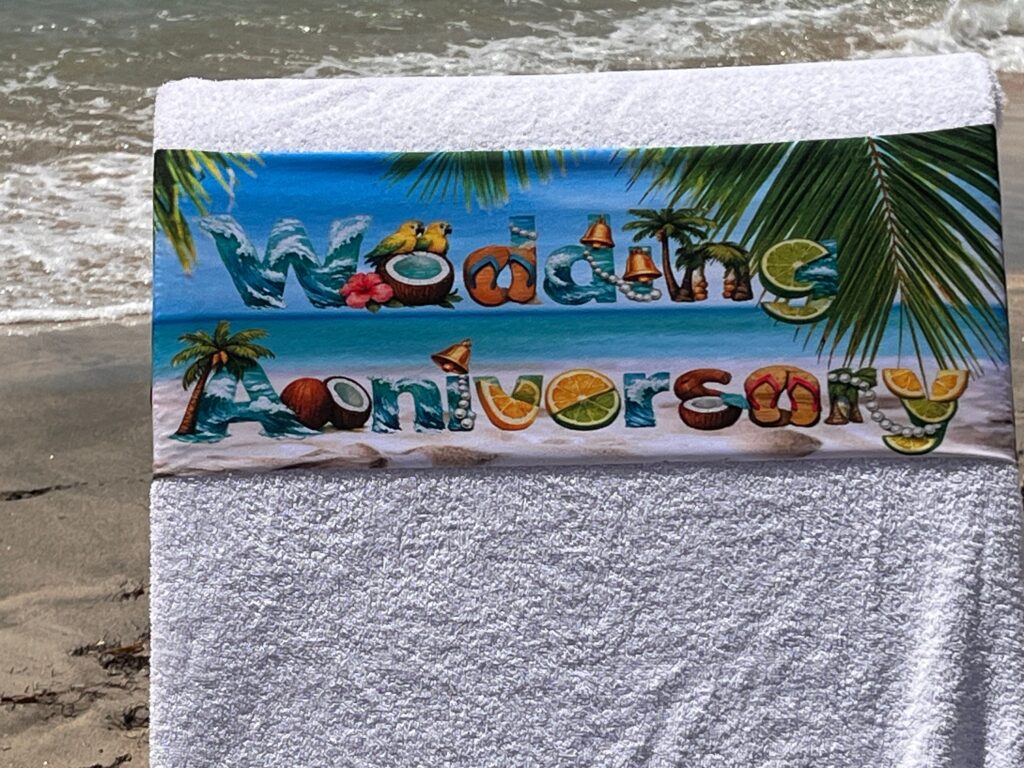Art Wedding Anniversary Beach design on a reusable tcboo sun lounger band