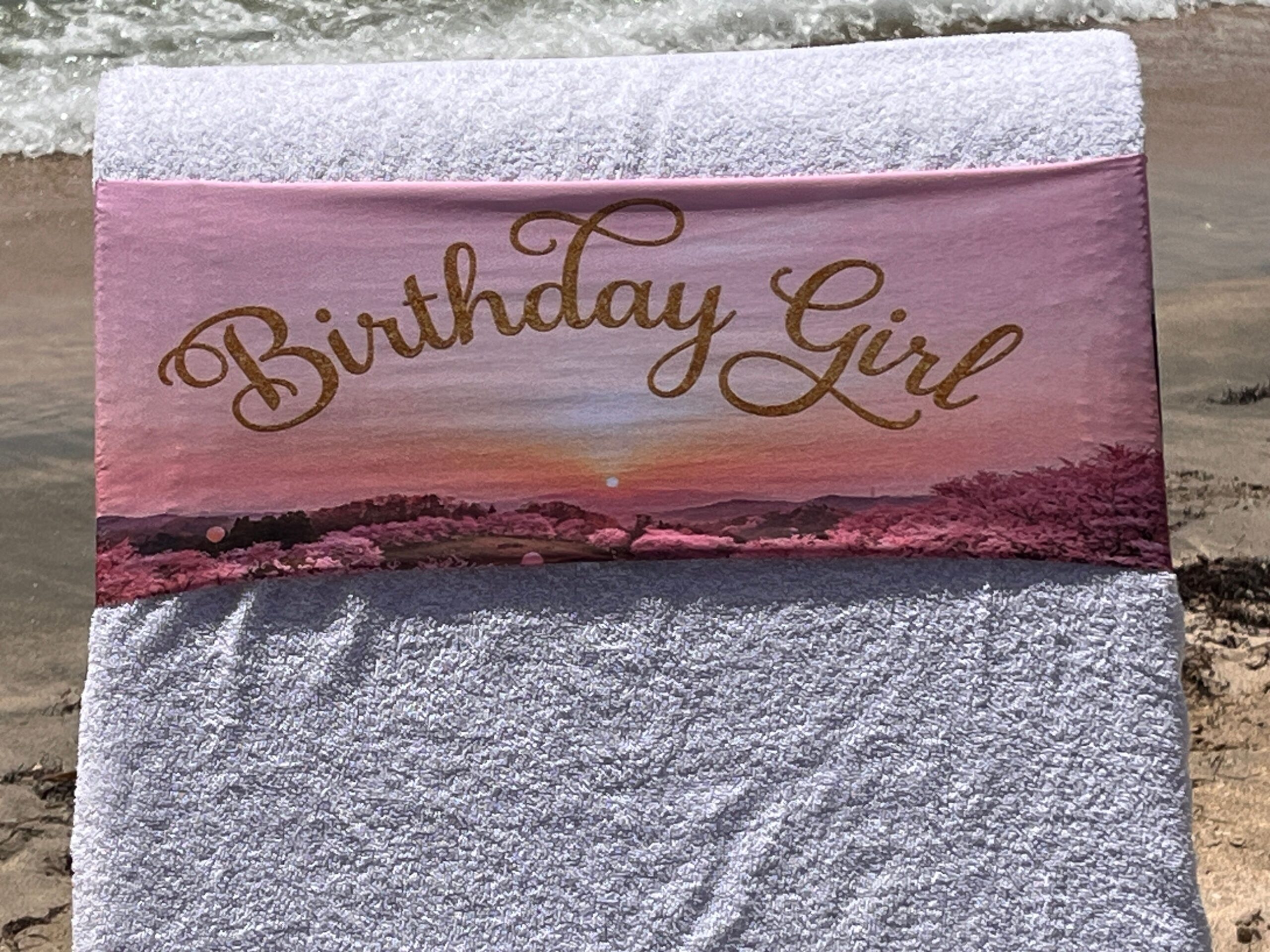 Birthday Girl Sun Up design on a reusable tcboo sun lounger band