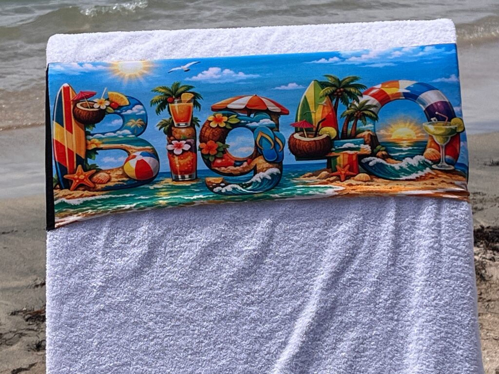 Art Big 40 seaside design on a reusable tcboo sun lounger band