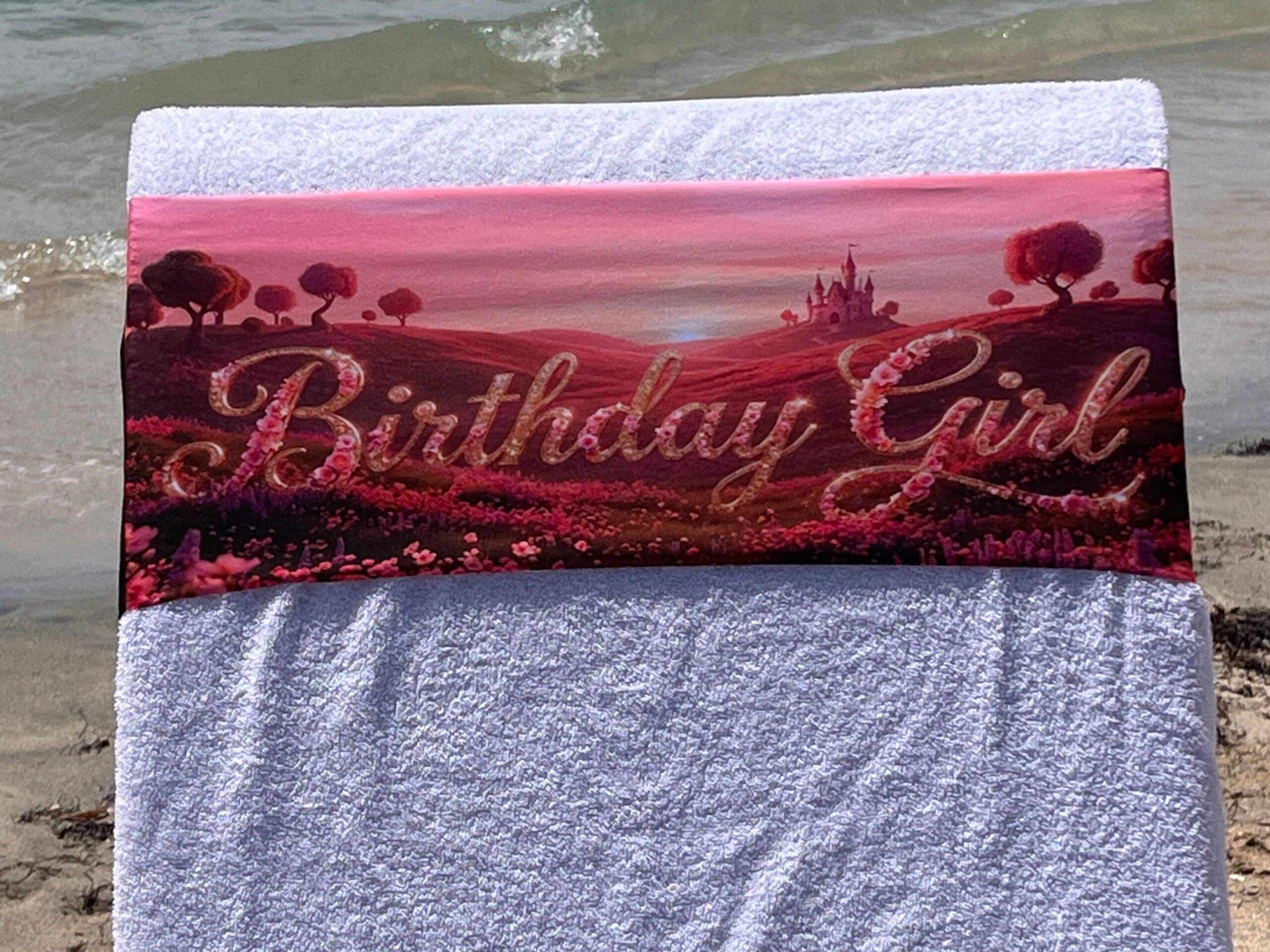 Birthday Girl Castle design on a reusable tcboo sun lounger band