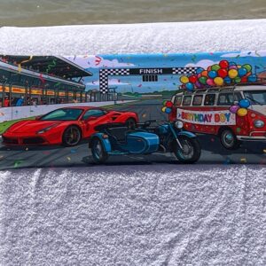 Racetrack Birthday Boy design on a reusable tcboo sun lounger band