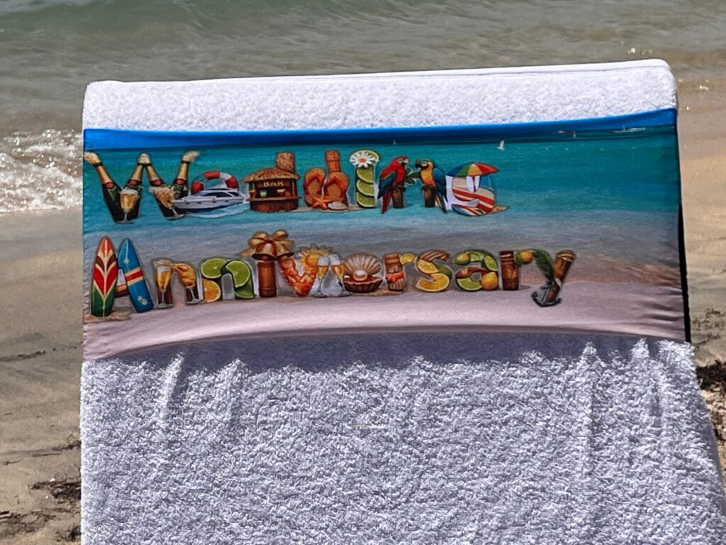 Art Wedding Anniversary design on a reusable tcboo sun lounger band
