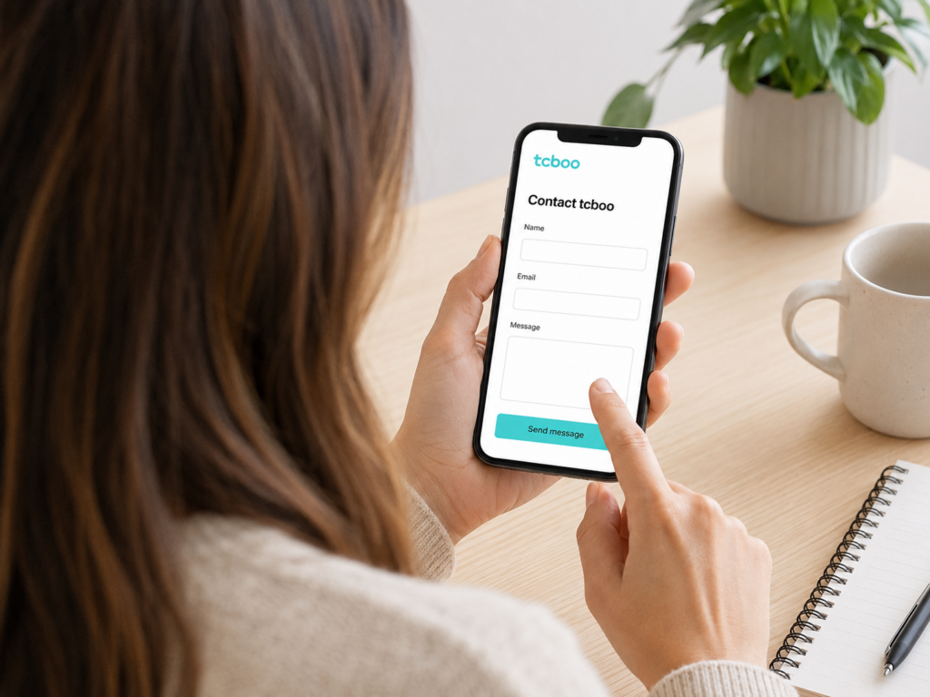 a person using a mobile device to contact tcboo via a contact page