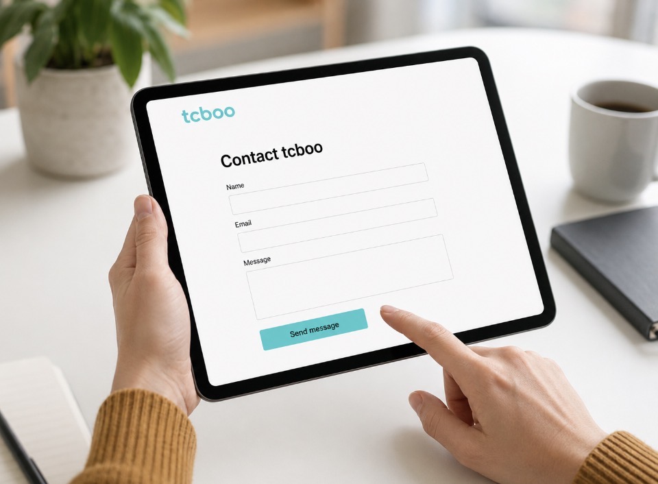 Person using the tcboo contact form on a tablet