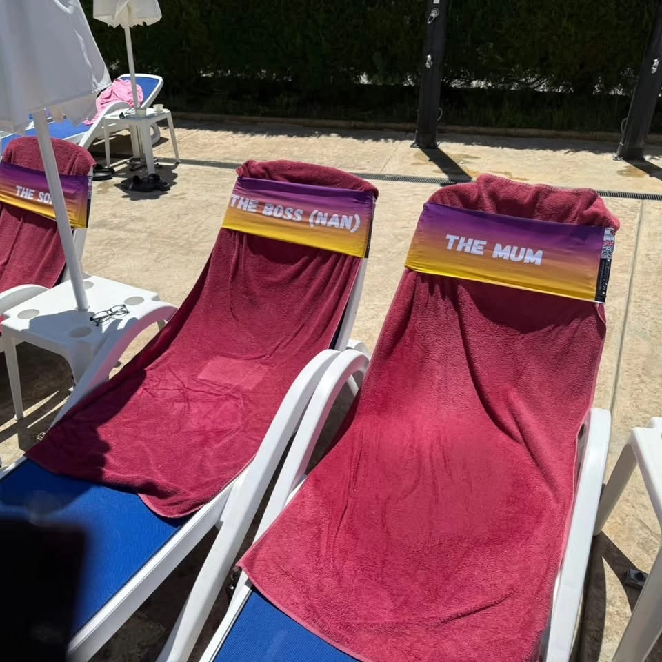 Personalised family tcboo sun lounger towel bands labelled The Son, The Boss and The Mum