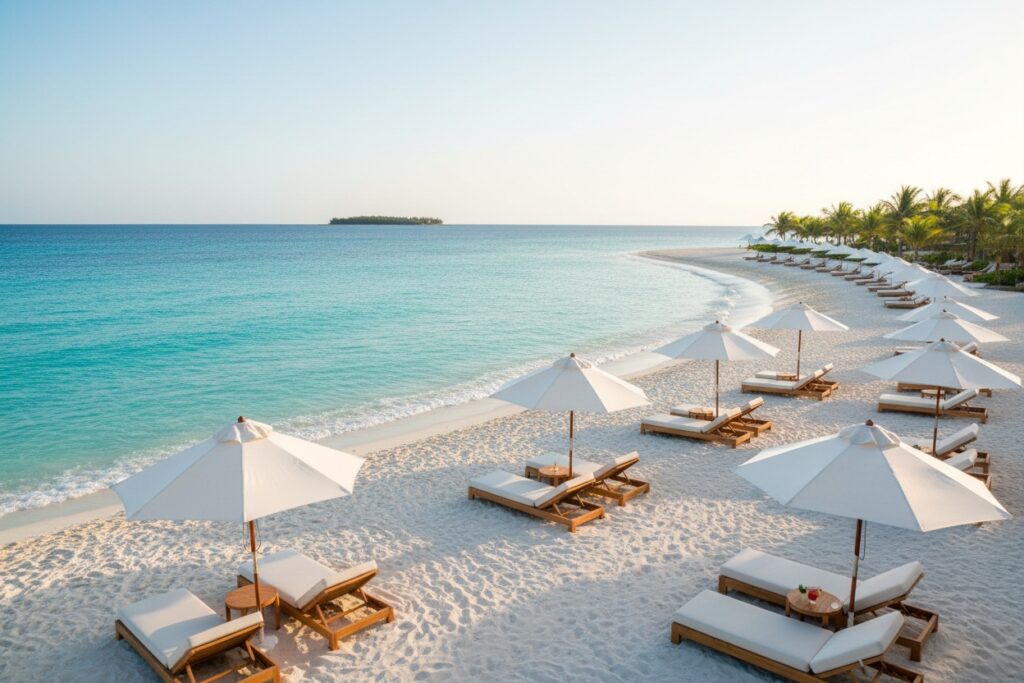a turquoise sea with small white sandy beach with sun loungers spread along it