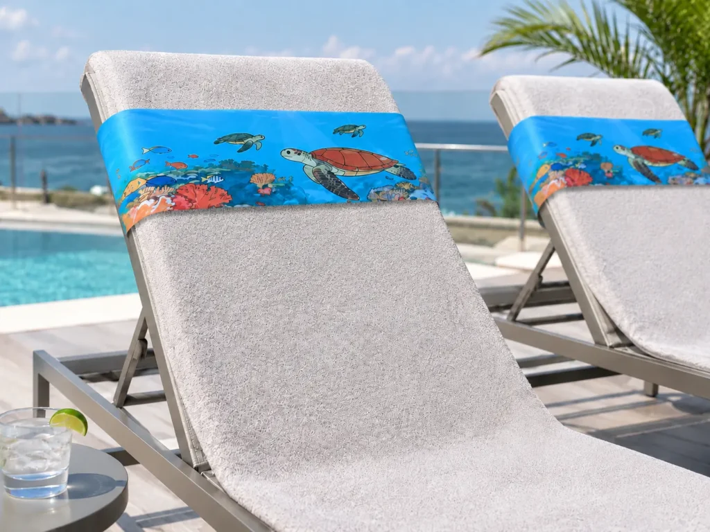 two sun loungers with tropical turtle tcboo towelbands securing towels beside a sea-view pool